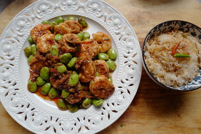 High angle view of food in plate on table