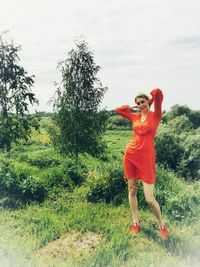 Nature, summer time, woman in red