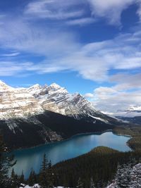 Scenic view of lake and snowcapped mountains against sky