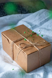 Close-up of paper wrapped in box