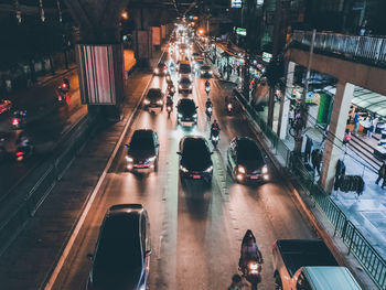 High angle view of traffic on city street at night