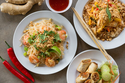 High angle view of food served on table