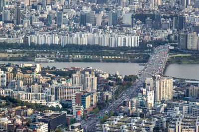 High angle view of city of seoul with han river