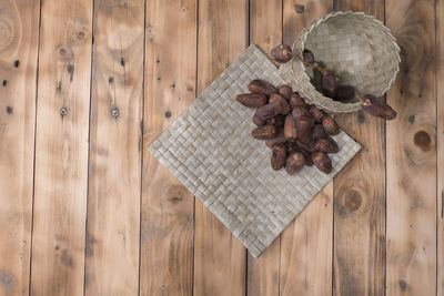 High angle view of bread on wooden table