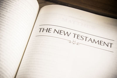 High angle view of text on book