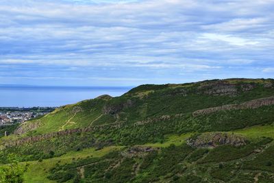 Scenic view of landscape and sea against sky