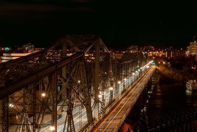 Illuminated bridge over river in city at night