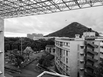 High angle view of buildings against sky