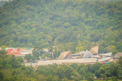 High angle view of townscape by trees