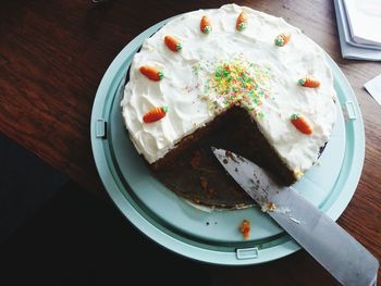 High angle view of cake in plate on table