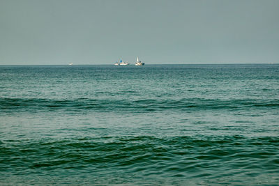 Sailboat sailing on sea against clear sky