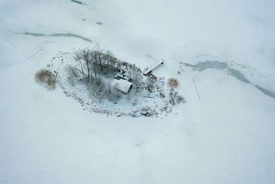 High angle view of snow covered land