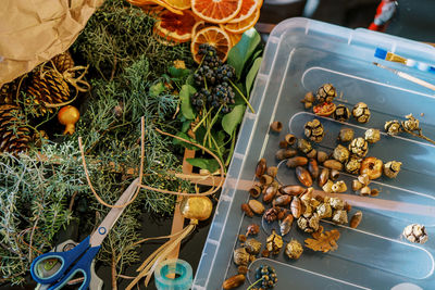 High angle view of food for sale