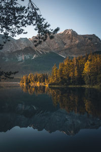 Scenic view of lake and mountains against sky