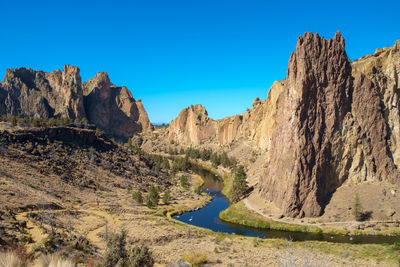 Scenic view of rock formations against clear blue sky