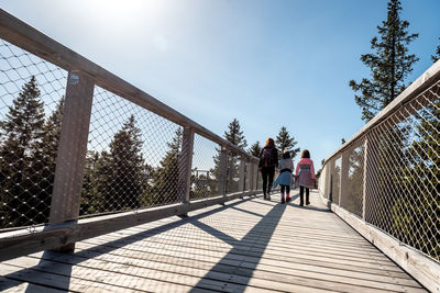 Rear view of people walking on footbridge