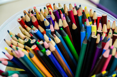 High angle view of colored pencils on table