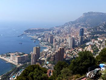 High angle view of city at waterfront