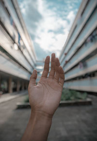 Close-up of hand against sky