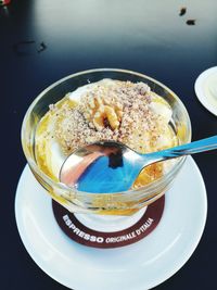 High angle view of ice cream in bowl on table