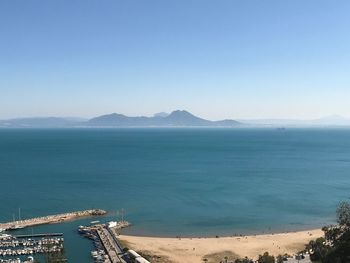 High angle view of sea against clear sky