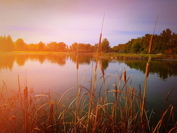 Scenic view of lake against sky at sunset
