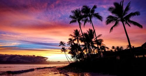 Silhouette palm trees on beach against romantic sky at sunset