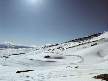 Scenic view of snowcapped mountains against clear blue sky