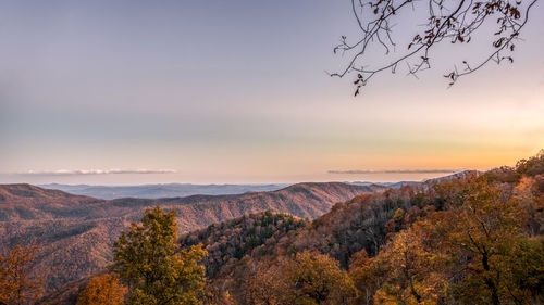 Scenic view of mountains against sky during sunset