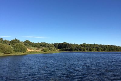 Scenic view of lake against clear blue sky