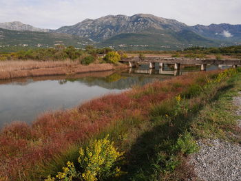 Scenic view of lake and mountains against sky