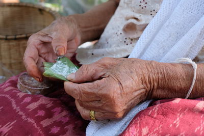 Midsection of senior woman holding leaf