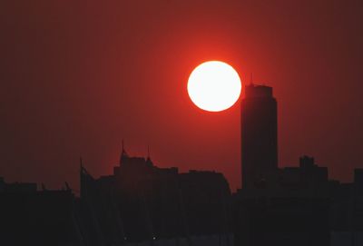 Silhouette of city against sky during sunset
