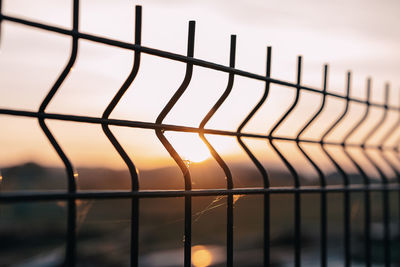 Fence with sunset and web by spider