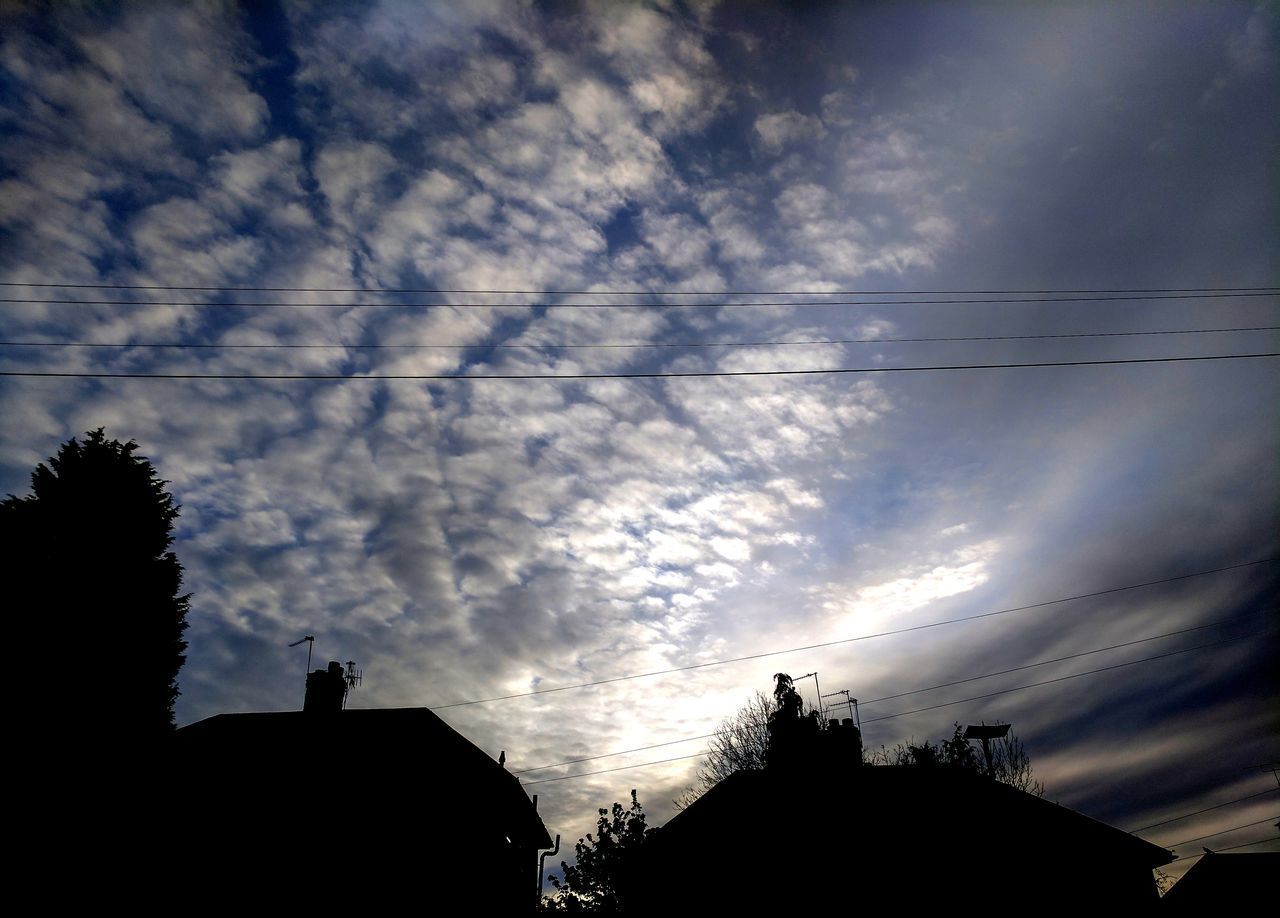 LOW ANGLE VIEW OF SILHOUETTE BUILDING AGAINST CLOUDY SKY