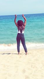 Full length of woman on beach against clear sky