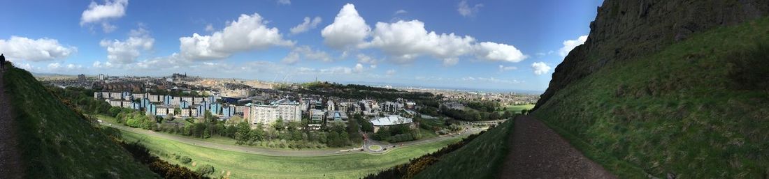 Panoramic view of city buildings against sky