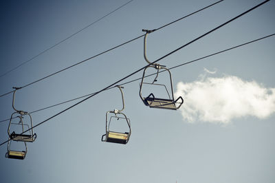 Low angle view of overhead cable car against sky