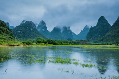 Scenic view of lake and mountains against sky