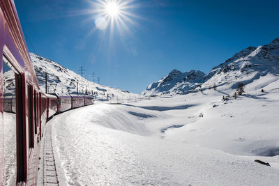 Scenic view of snow covered mountains against sky on sunny day