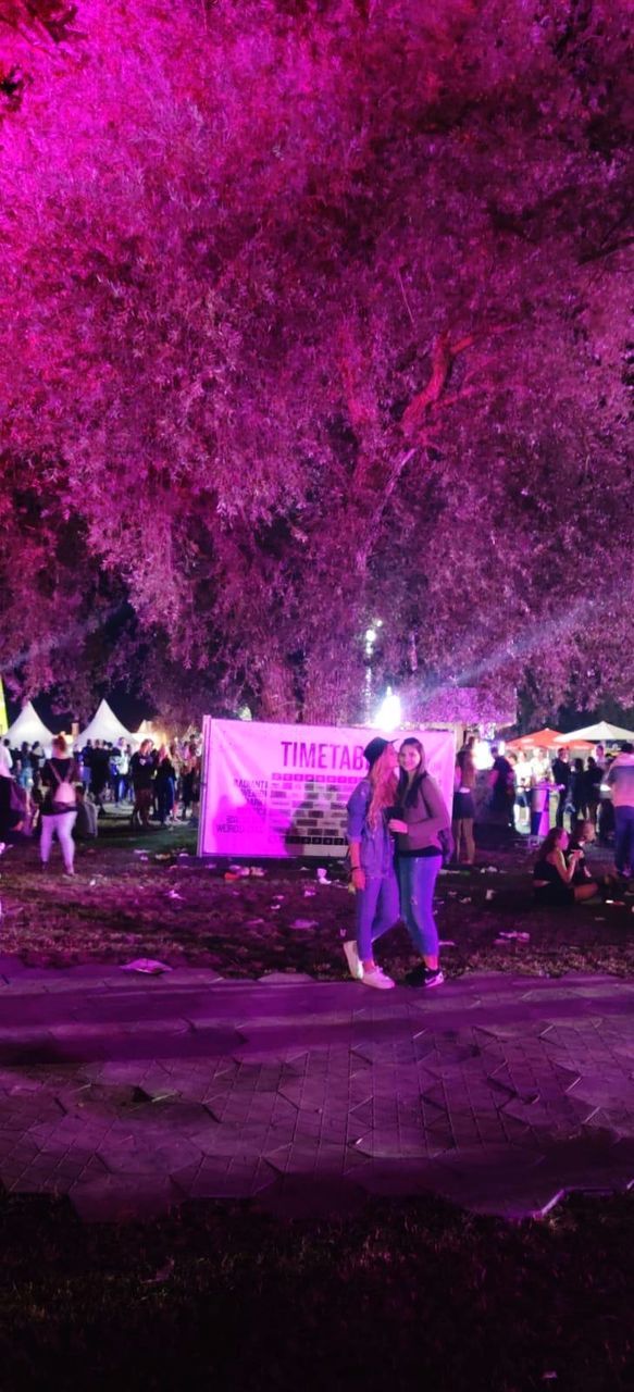 group of people, pink color, women, full length, real people, adult, plant, crowd, people, men, tree, night, arts culture and entertainment, nature, incidental people, standing, celebration, illuminated, leisure activity, outdoors, festival, purple