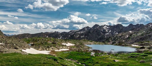 Scenic view of lake and mountains against sky