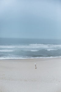 Woman standing at beach against sky