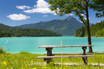 Scenic view of lake with mountains in background
