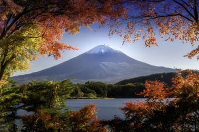 Scenic view of mountains against sky during autumn