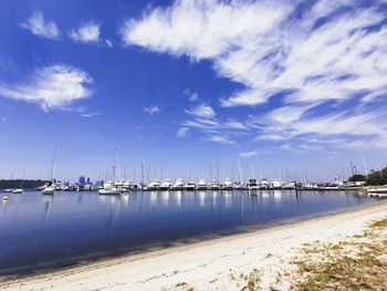 Sailboats moored in harbor against sky