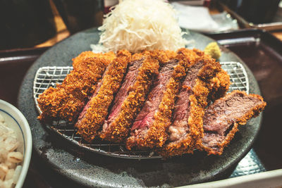 High angle view of meal served on table