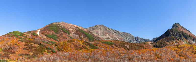 Panoramic view of mountain range against clear blue sky