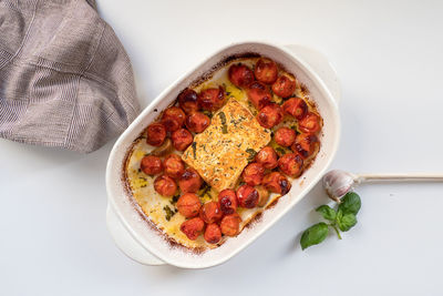 High angle view of fruits in plate on table
