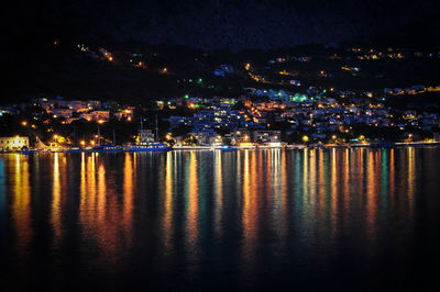 Illuminated cityscape against sky at night